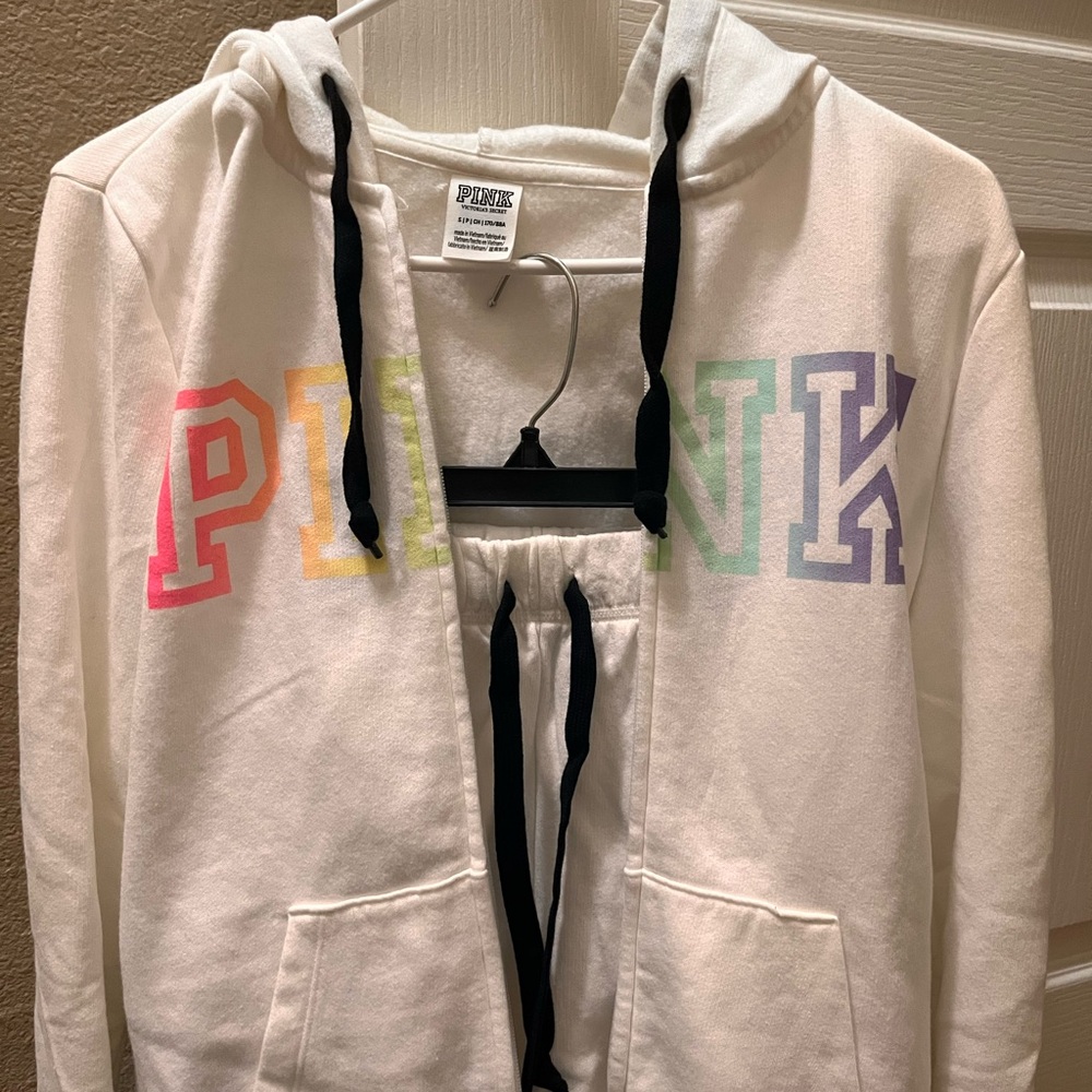 White Hoodie with Multicolor PINK Logo